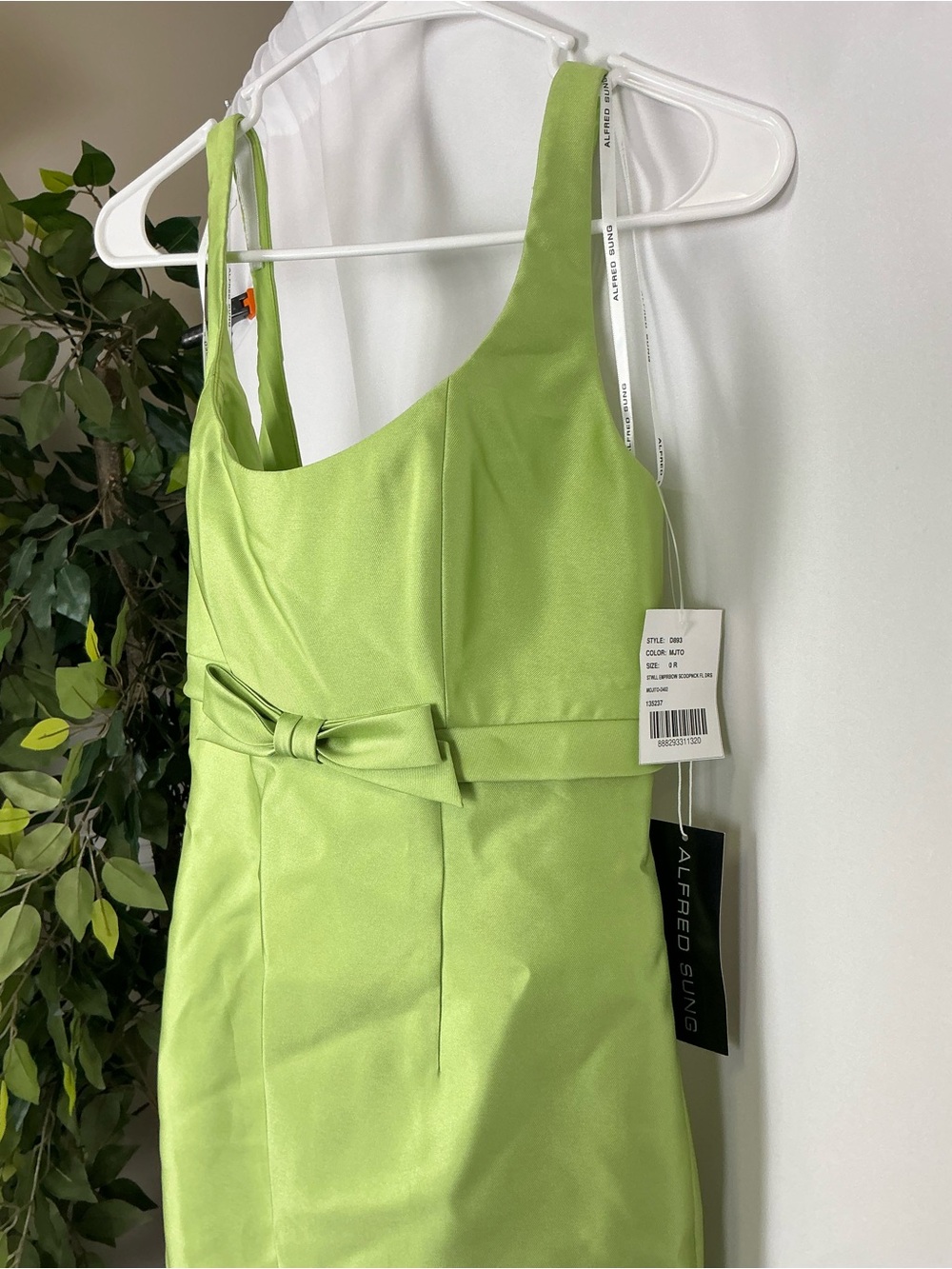 ALFRED SUNG Mojito Green Satin Maxi Column Dress with Empire Bow - Picture 3 of 6